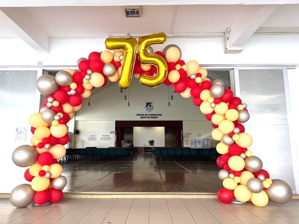 Organic balloon arch 75th anniversary school event Balloon Decorations Singapore