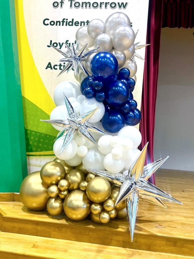Organic balloon column gold navy white school event Balloon Decorations Singapore