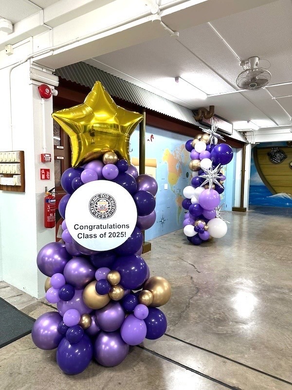 Purple and gold graduation balloon column for school event balloon decorations Singapore